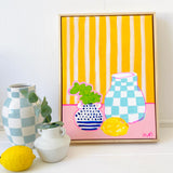 Chequered Pot On Pink With Lemon