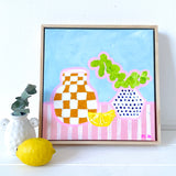 Blue Dotty Pot On Pink Stripes With Lemon