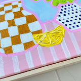 Blue Dotty Pot On Pink Stripes With Lemon