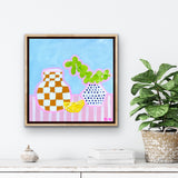 Blue Dotty Pot On Pink Stripes With Lemon