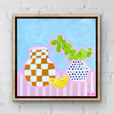 Blue Dotty Pot On Pink Stripes With Lemon