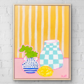 Chequered Pot On Pink With Lemon